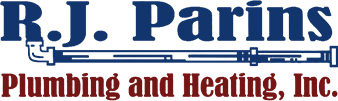 R.J. Parins red, white and blue Plumbing and Heating, Inc logo.